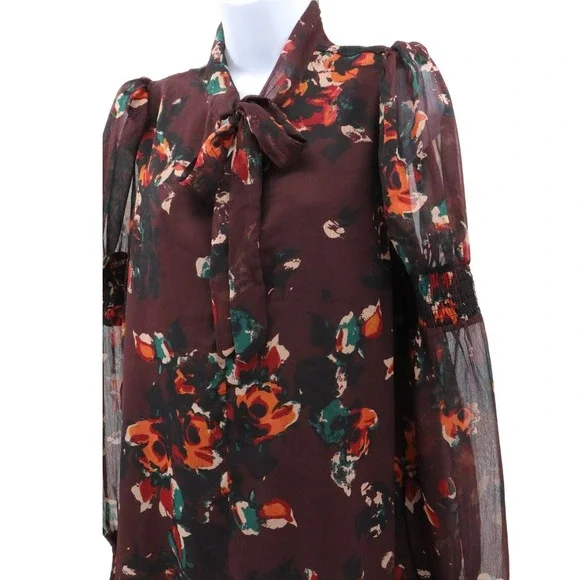 Walter Baker Floral Mini Dress Sheer Sleeve Tie Neck Ruffle Hem Large - Picture 6 of 14